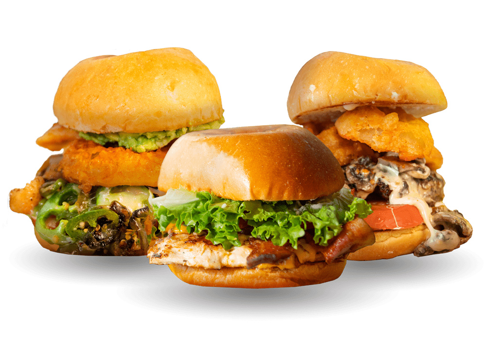 Three burgers with melted cheese, lettuce, and tomatoes at Tasty Munch Houston.